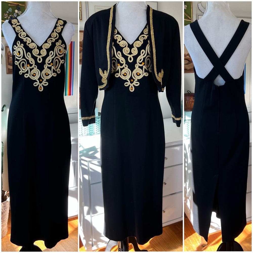Vintage 90s Outlander Evening Black Halter Dress & Bolero Jacket Gold Embroidery